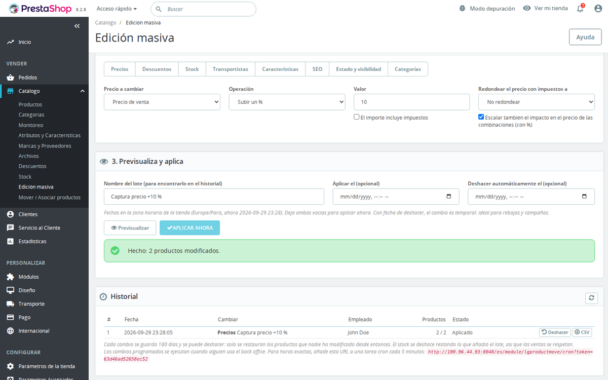 Historial de lotes de la edición masiva de PrestaShop con deshacer y exportación CSV