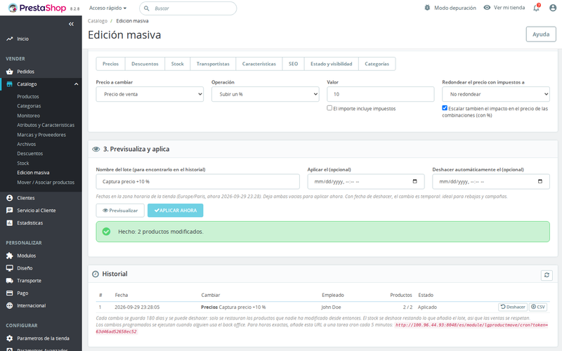 Historial de lotes de la edición masiva de PrestaShop con deshacer y exportación CSV