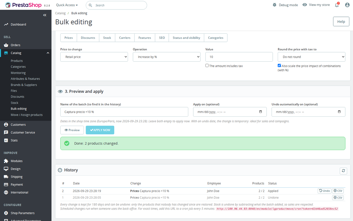 PrestaShop bulk edit batch history with undo and CSV export