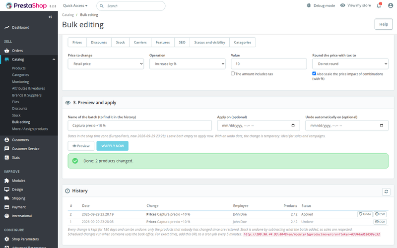 PrestaShop bulk edit batch history with undo and CSV export