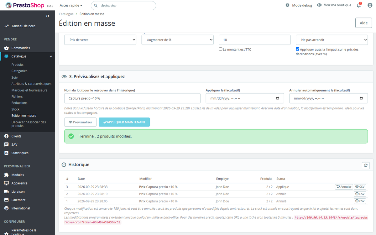 Historique des lots de modification en masse PrestaShop avec annulation et export CSV