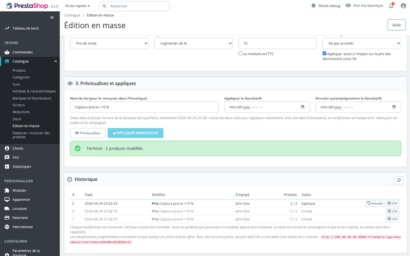 Historique des lots de modification en masse PrestaShop avec annulation et export CSV