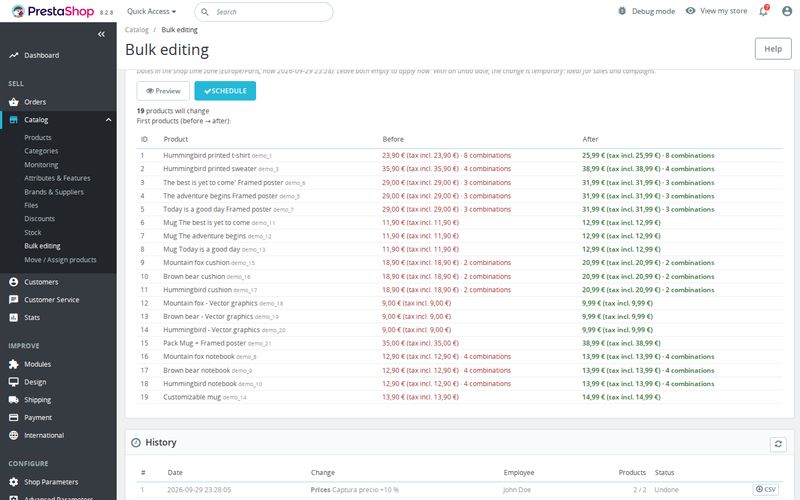 Schedule a bulk price change in PrestaShop with an automatic revert on another date