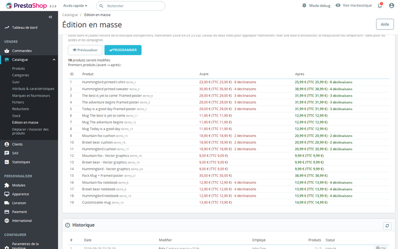 Programmer une modification de prix en masse sur PrestaShop avec retour automatique à une autre date