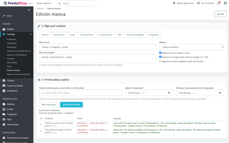 SEO en masa en PrestaShop: meta título, meta descripción y URL con plantillas y vista previa