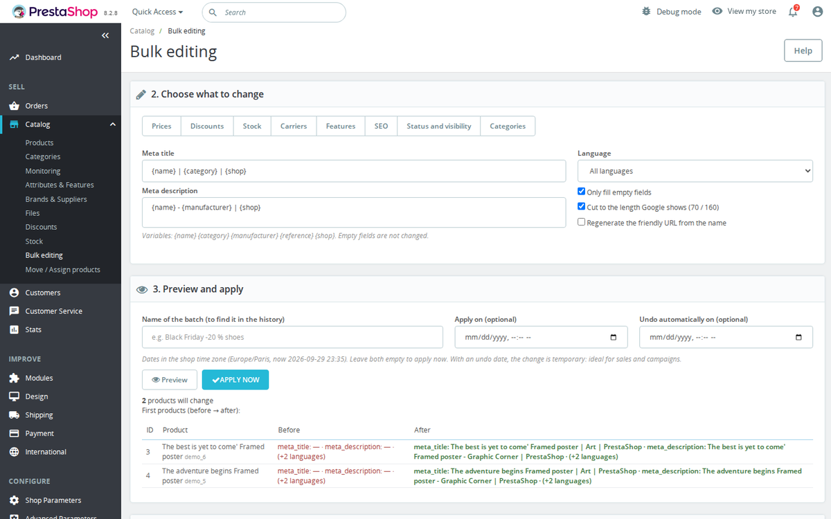 Bulk SEO in PrestaShop: meta title, meta description and URL with templates and preview