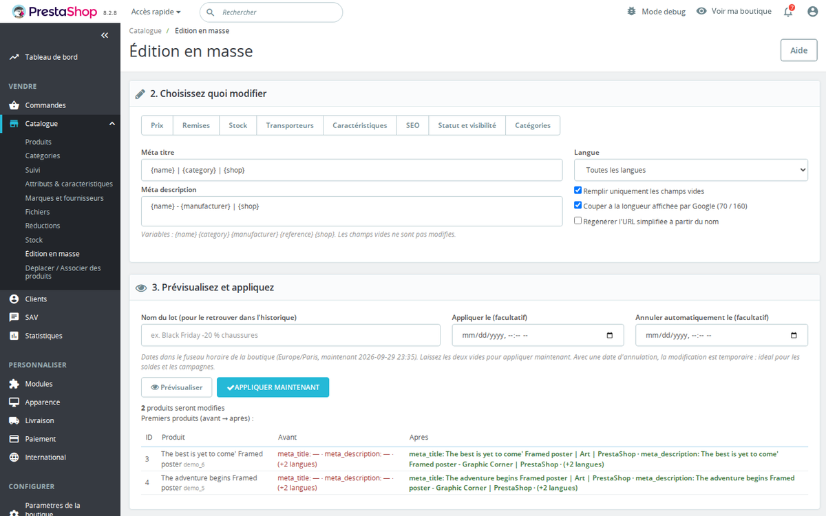 SEO en masse sur PrestaShop : meta title, meta description et URL avec modèles et aperçu