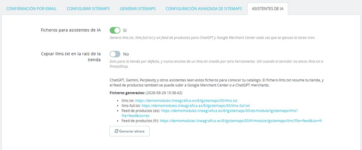 Módulo Sitemap XML Google Pro para PrestaShop – pestaña Asistentes de IA con llms.txt y feed de productos