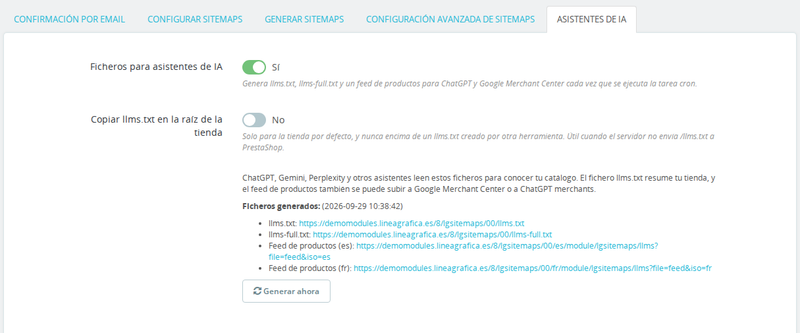Módulo Sitemap XML Google Pro para PrestaShop – pestaña Asistentes de IA con llms.txt y feed de productos