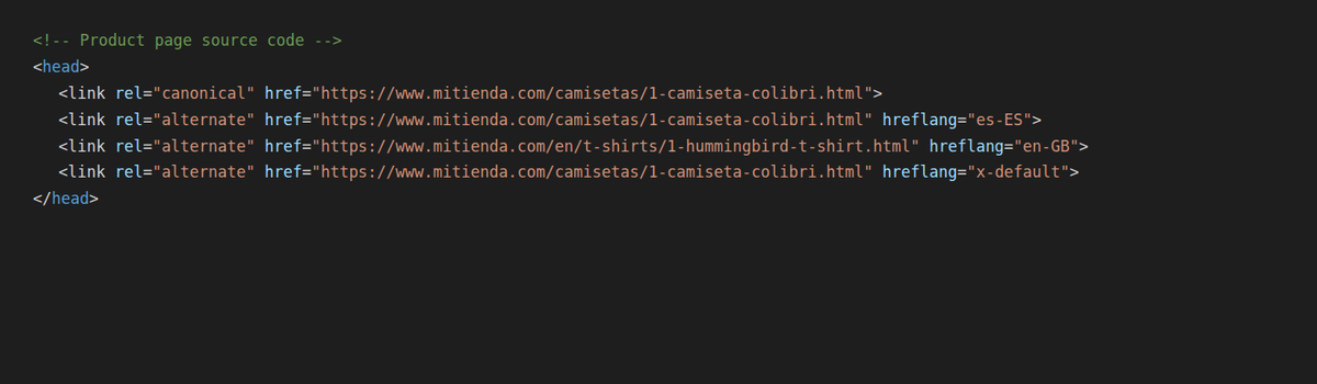 Balises canonical et hreflang dans le code source de la boutique