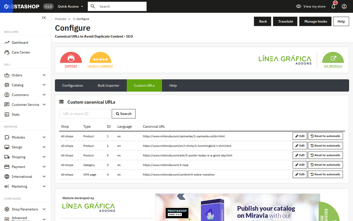 List of custom canonical URLs per product, category and CMS page