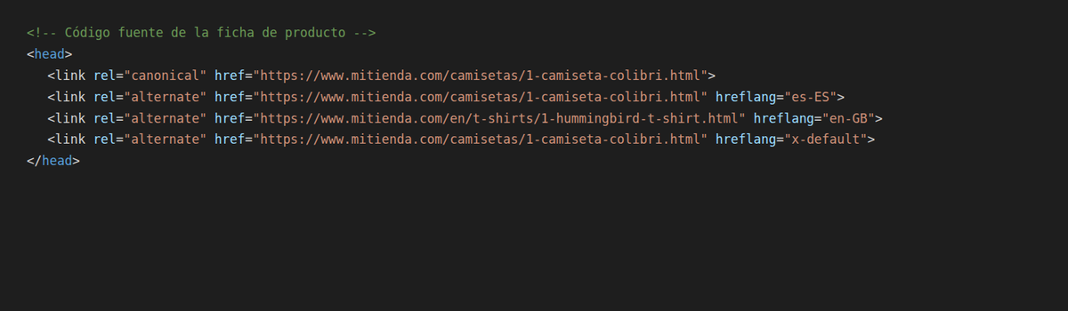 Etiqueta canonical y hreflang en el código fuente de la tienda
