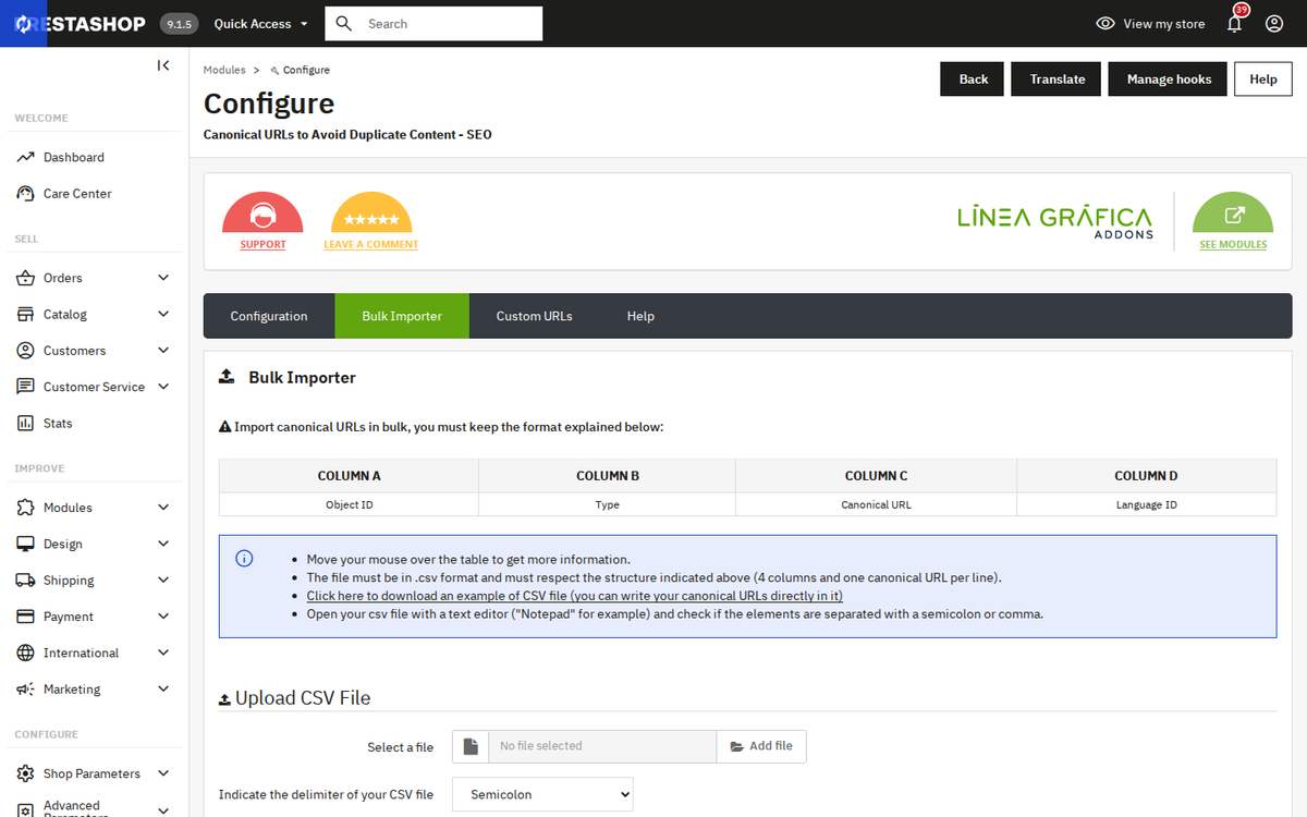 Import and export of canonical URLs via CSV
