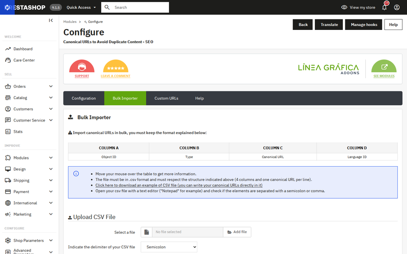 Import and export of canonical URLs via CSV