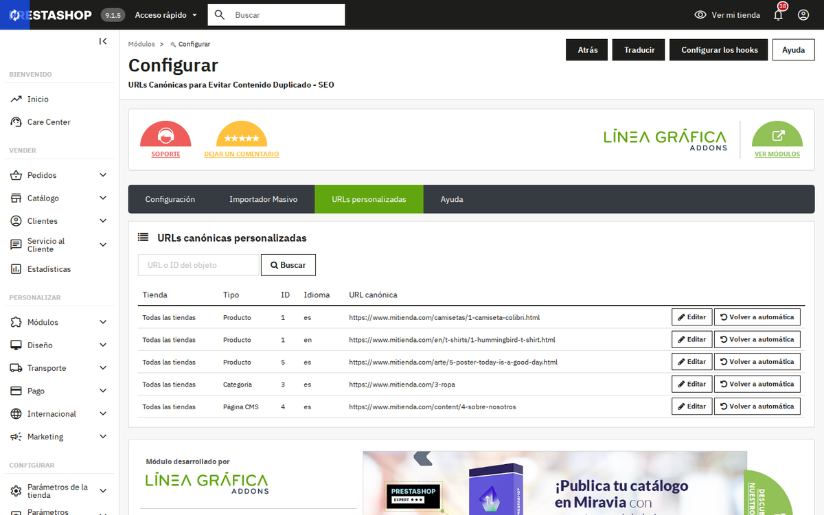 Listado de URLs canónicas personalizadas por producto, categoría y CMS