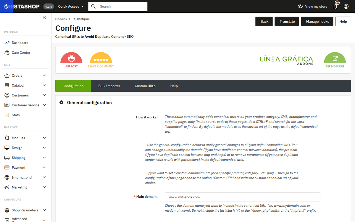 Configuration générale des URL canoniques du module PrestaShop