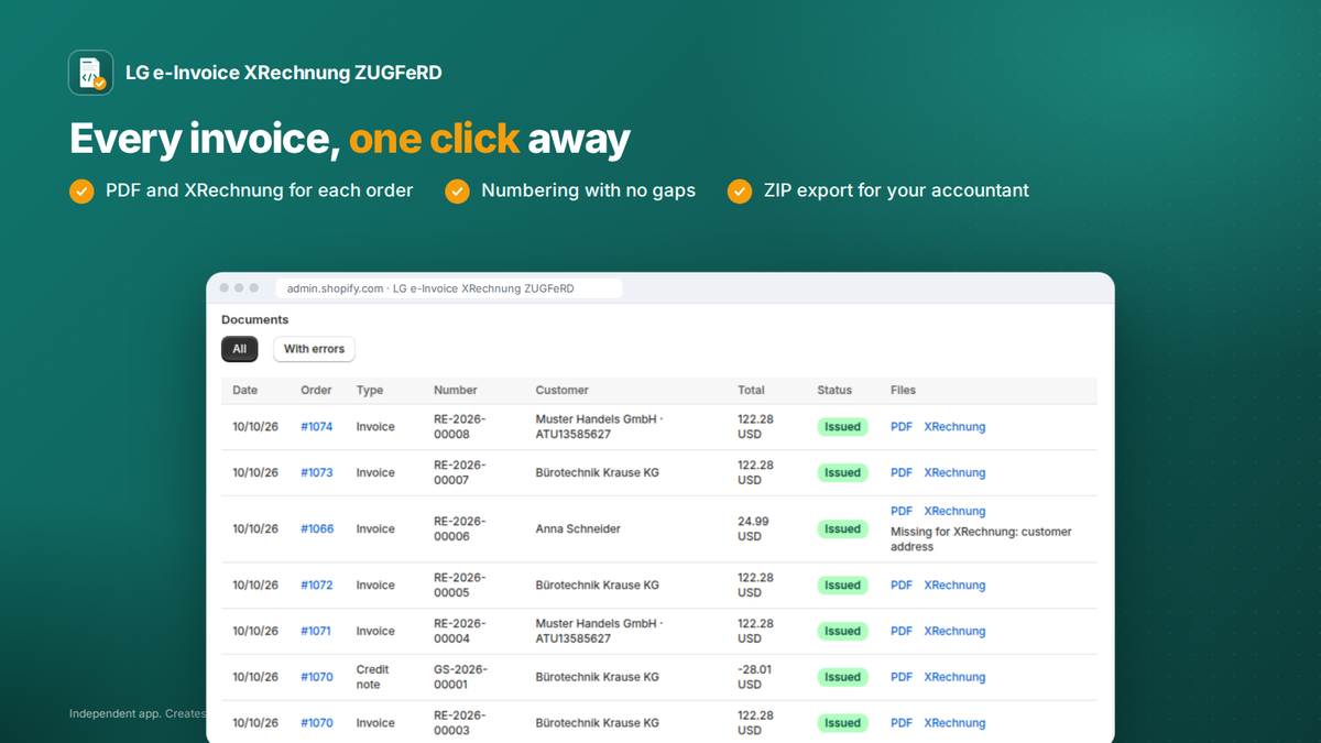 E-invoice Shopify app: invoice list with PDF and XRechnung for each order and ZIP export