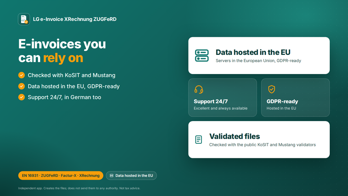 E-invoice Shopify app: files checked with KoSIT and Mustang, data hosted in the EU, support 24/7