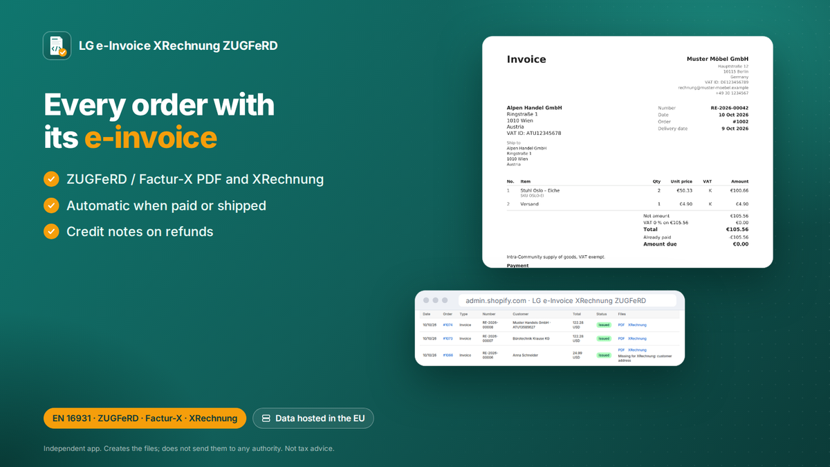E-invoice Shopify app: shopify order with its ZUGFeRD / Factur-X PDF and XRechnung