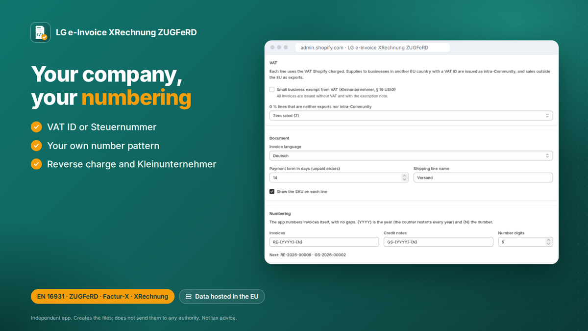 E-invoice Shopify app: settings: VAT ID, number pattern, reverse charge and Kleinunternehmer