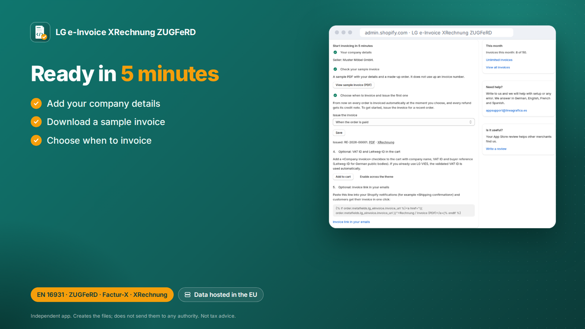 E-invoice Shopify app: setup in 5 minutes: company details, sample invoice and when to invoice