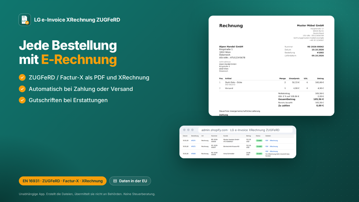 E-Rechnung Shopify-App: shopify-Bestellung mit ZUGFeRD-/Factur-X-PDF und XRechnung