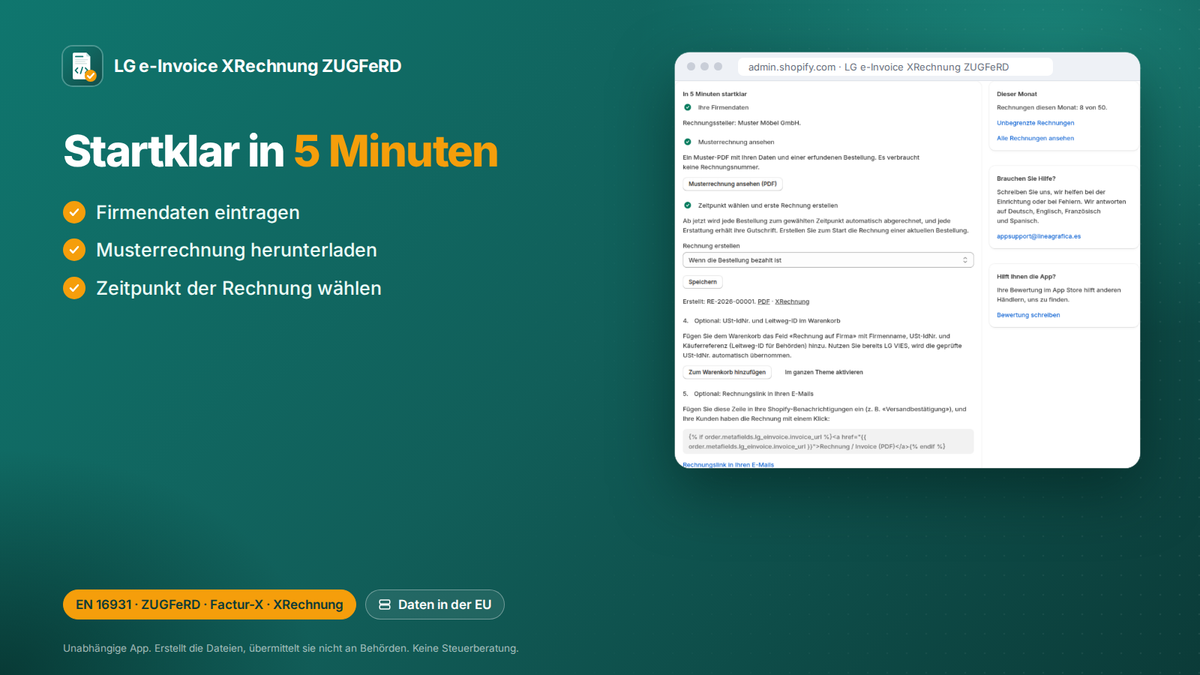 E-Rechnung Shopify-App: in 5 Minuten startklar: Firmendaten, Musterrechnung, Rechnungszeitpunkt
