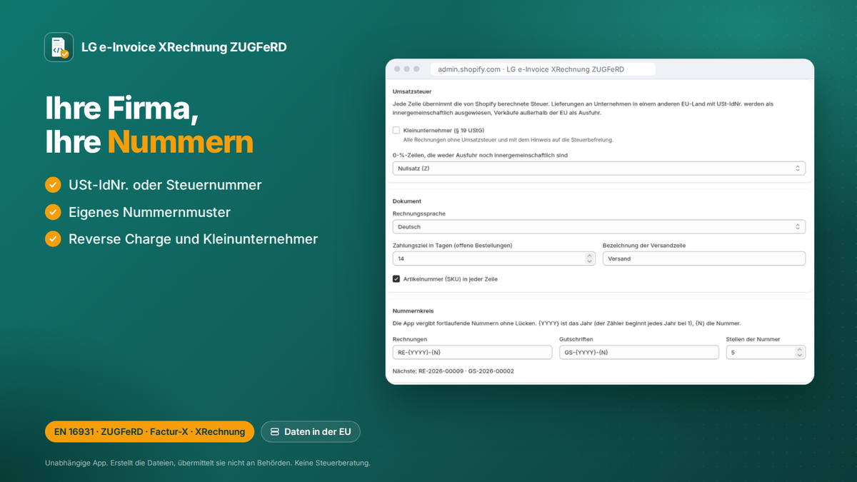 E-Rechnung Shopify-App: einstellungen: USt-IdNr., Nummernmuster, Reverse Charge, Kleinunternehmer
