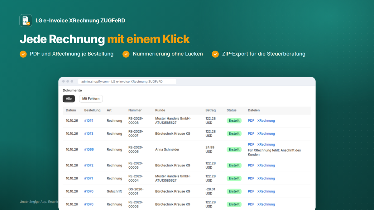 E-Rechnung Shopify-App: rechnungsliste mit PDF und XRechnung je Bestellung und ZIP-Export