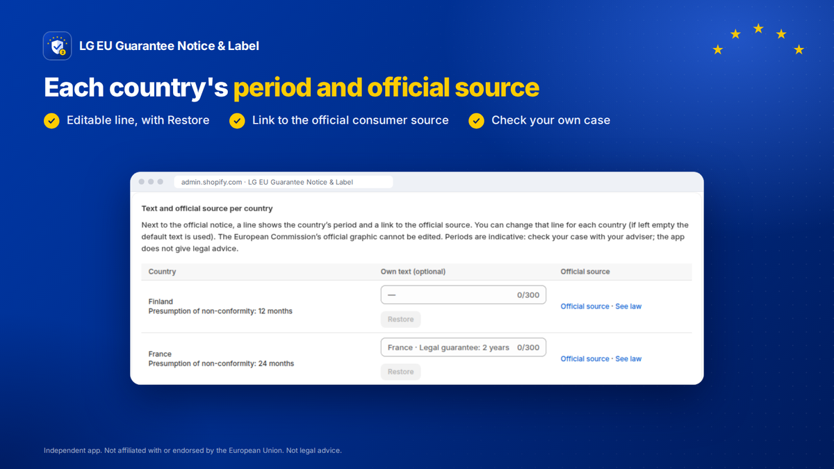 EU legal guarantee Shopify app: editable country text and official source link