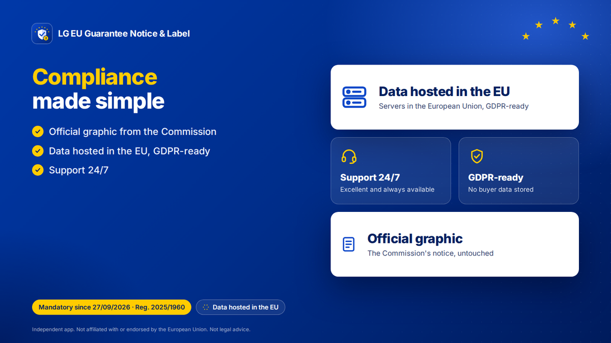 EU legal guarantee Shopify app: data hosted in the EU, 24/7 support, GDPR-ready