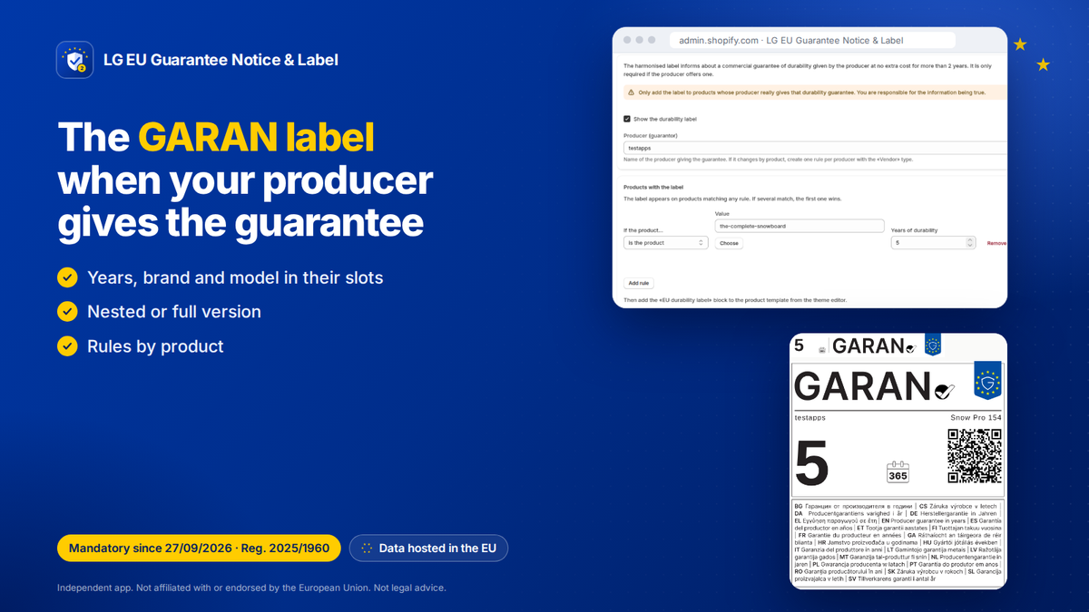 EU legal guarantee Shopify app: gARAN durability label with years, brand and model