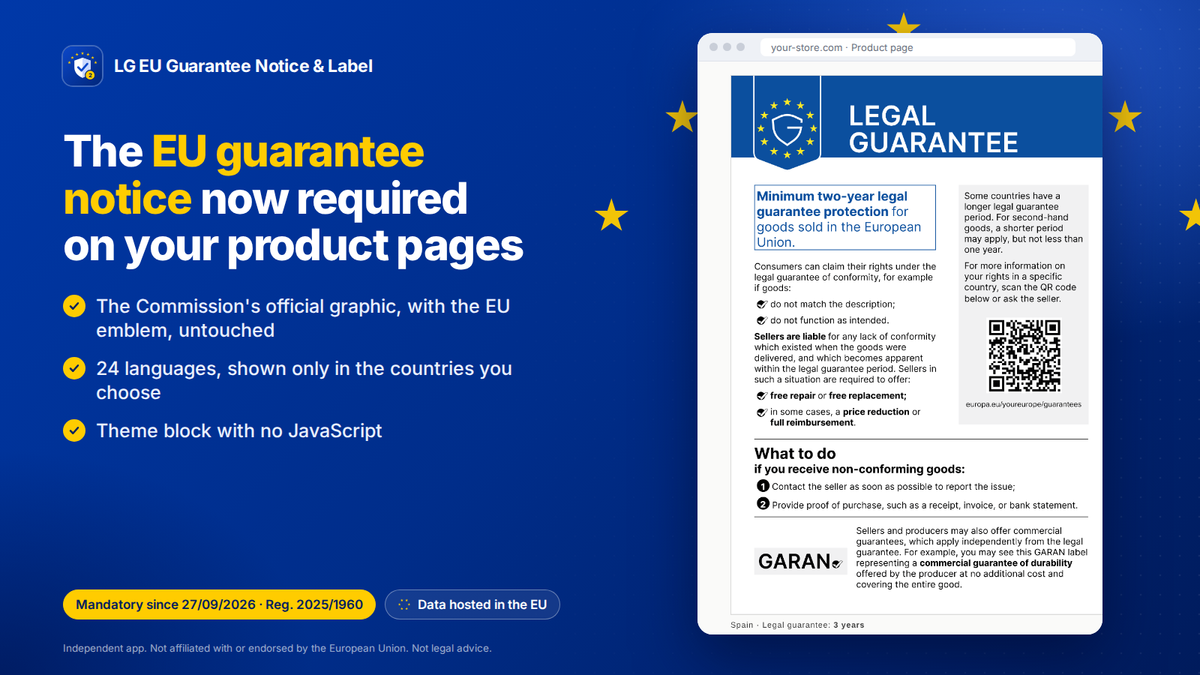 EU legal guarantee Shopify app: eU guarantee notice on a product page, official graphic