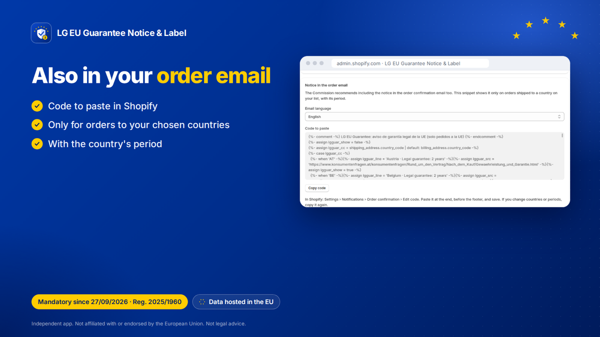 EU legal guarantee Shopify app: order email snippet with the country's period