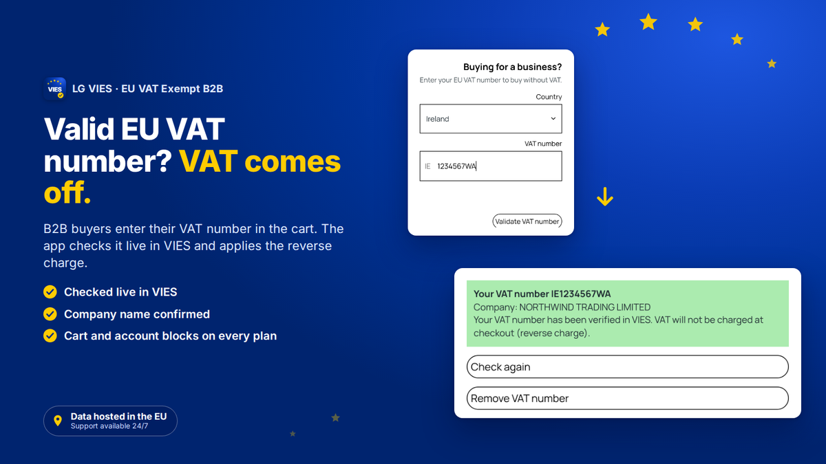 Warenkorb-Block der VIES-App für Shopify: Der B2B-Käufer gibt seine EU-USt-IdNr. ein, sie wird in VIES geprüft und die MwSt. entfällt