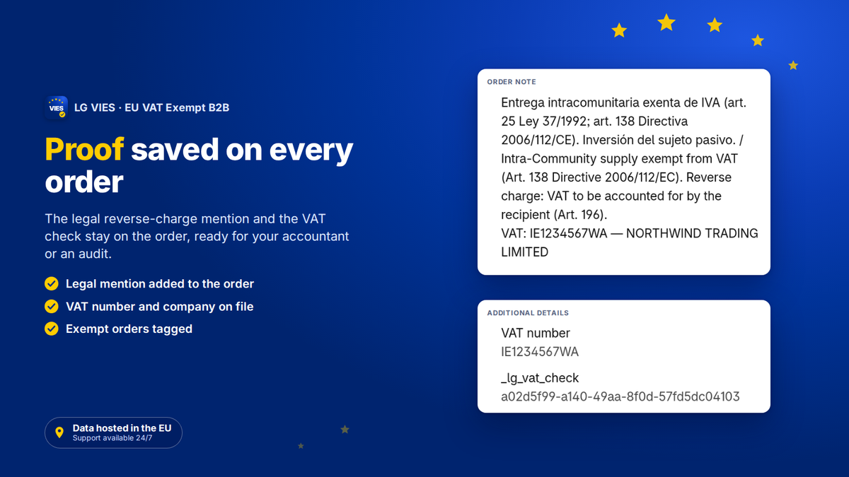 Shopify-Bestellung mit rechtlichem Reverse-Charge-Hinweis und der von der VIES-App gespeicherten USt-IdNr.-Prüfung